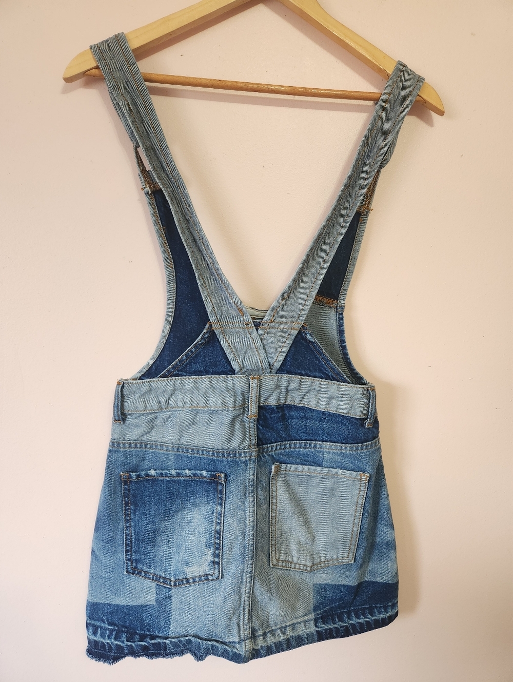 Free People Patchwork Blues Denim Pinafore Dress Skirtall Jumper 0 EUC Boho - Picture 6 of 11